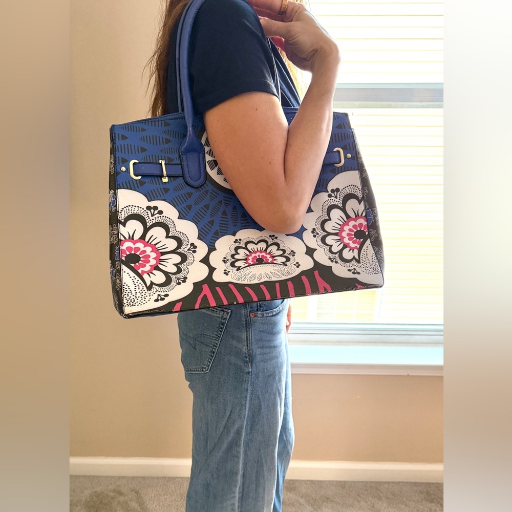 Bold Floral Satchel Tote Bag Blue Pink Black Statement Purse Spring Boho Chic